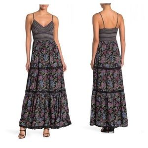 Black Floral Tiered Crochet Boho Maxi Dress